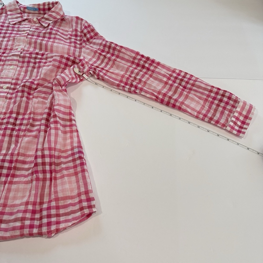 J McLaughlin Pink Plaid Button Shirt Cotton Long Roll Tab Sleeve Classic MEDIUM - Picture 8 of 10